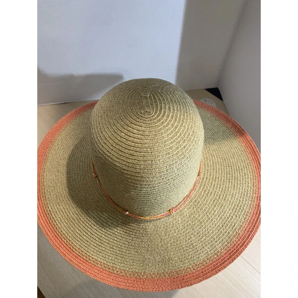 K.Keith Beige Straw Sun Hat Wide Brim with Peach edge and Band, Adjustable Sz M